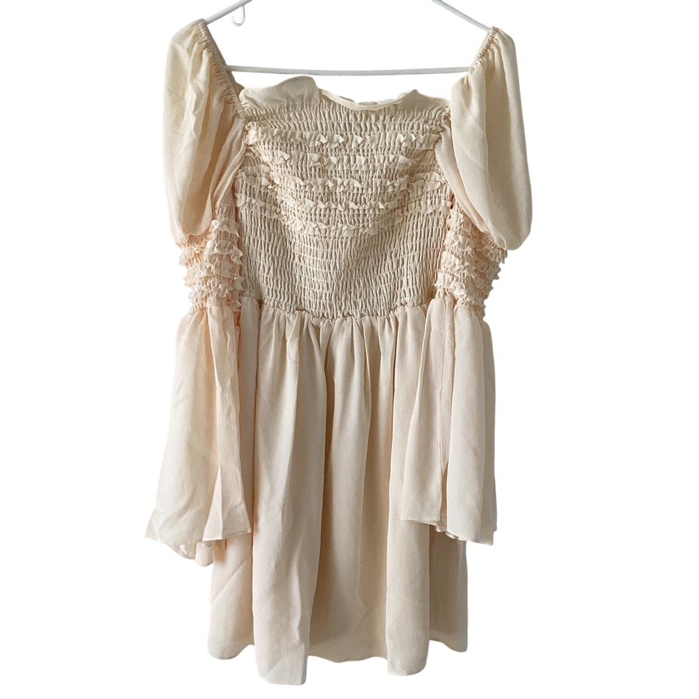 OPT One Pretty Time Smocked Puff Sleeve‎ Mini Dress Cream Beige Square Neck